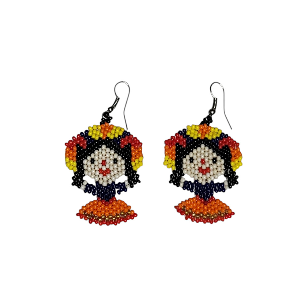 Handmade Otomi Doll Lightweight Beaded Earrings Black Orange Yellow & Cream - Picture 2 of 7